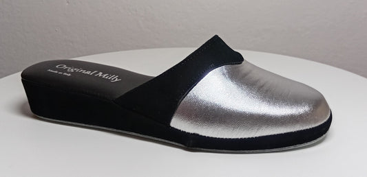 0721 Nappa e Camoscio Nero Argento Ciabatte da camera Donna artigianale Original Milly Made in Italy - Foto N 2