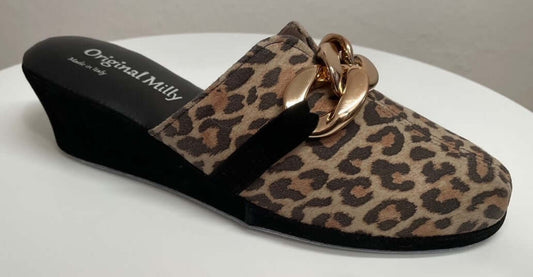 1001 Camoscio Leopardo con catena in Oro suola Bufalo Ciabatte da camera Donna Original Milly Made in Italy