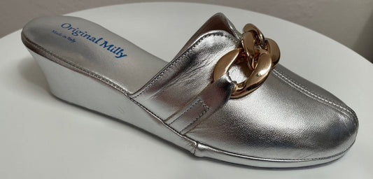 1001 Nappa Argento con catena in Oro suola Bufalo Ciabatte da camera Donna Original Milly Made in Italy