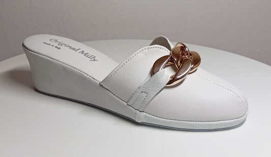 1001 Nappa e Camoscio Bianco con Catena in Oro Suola Bufalo Ciabatte da camera Donna Original Milly Made in Italy