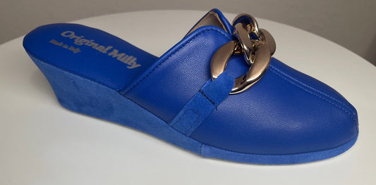 1001 Nappa e Camoscio Blu con catena in Oro suola Bufalo Ciabatte da camera Donna Original Milly Made in Italy