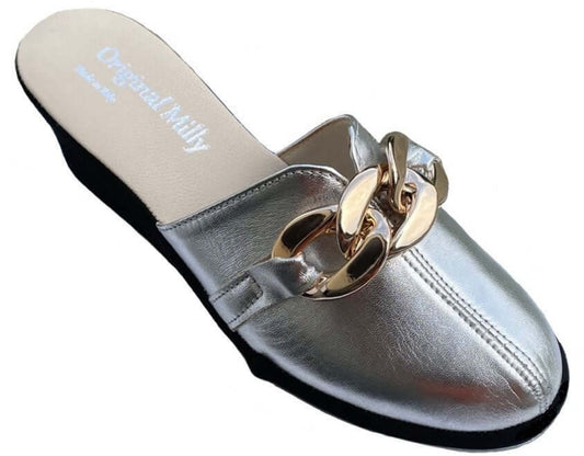 1001 Nappa e Camoscio Nero Argento con Catena in Oro Suola Bufalo Ciabatte da camera Donna Original Milly Made in Italy