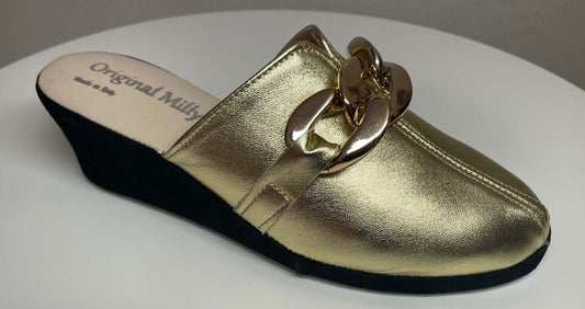 1001 Nappa e Camoscio Nero Oro con Catena in Oro Suola Bufalo Ciabatte da camera Donna Original Milly Made in Italy