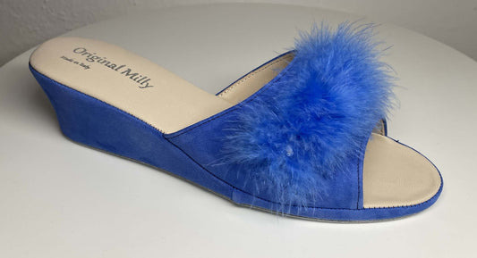 102 Camoscio Blu con Piuma Naturale Suola Bufalo Ciabatte da camera Donna Original Milly Made in Italy