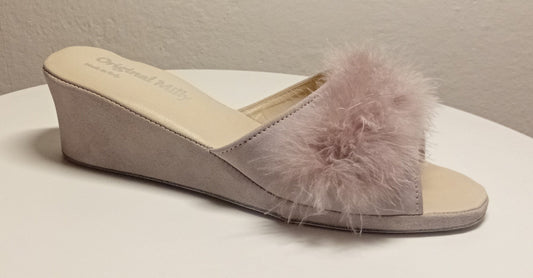 102 Camoscio Peonia con Piuma Suola Bufalo Ciabatte da camera Donna Original Milly Made in Italy