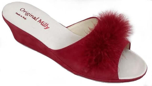 102 Camoscio Rosso con piuma suola Bufalo Ciabatte da camera Donna Original Milly Made in Italy