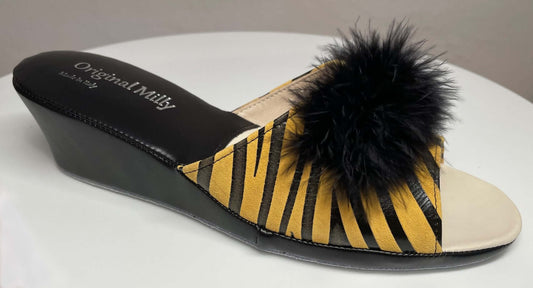 102 Camoscio Zebrato Senape con piuma suola Bufalo Ciabatte da camera Donna Original Milly Made in Italy
