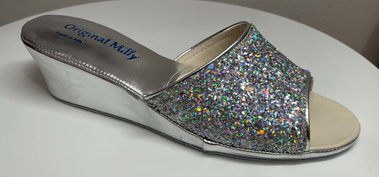 104 Ecopelle Glitter Argento Suola Bufalo Ciabatte da camera Donna Original Milly Made in Italy