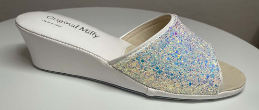 104 Ecopelle Glitter Bianco Suola Bufalo Ciabatte da camera Donna Original Milly Made in Italy