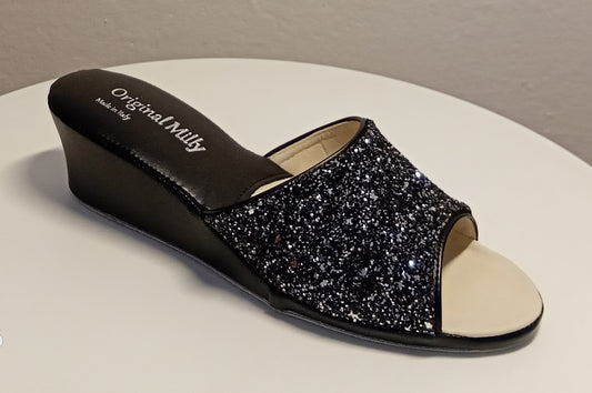 104 Ecopelle Glitter Nero Suola Bufalo Ciabatte da camera Donna Original Milly Made in Italy