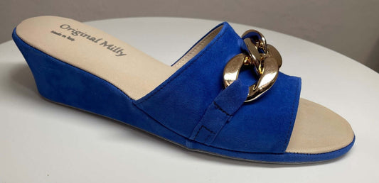 105 Camoscio Blu con catena in Oro suola Bufalo Ciabatte da camera Donna Original Milly Made in Italy