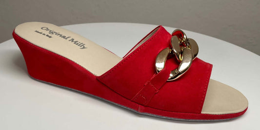 105 Camoscio Rosso con catena in Oro suola Bufalo Ciabatte da camera Donna Original Milly Made in Italy