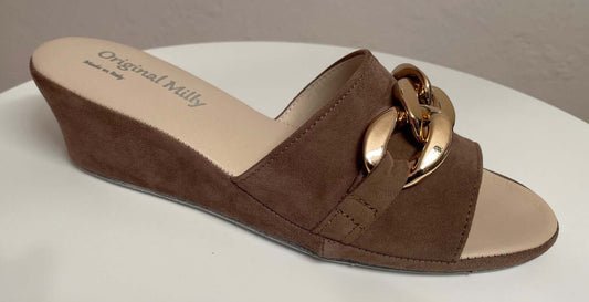 105 Camoscio Taupe con catena in Oro suola Bufalo Ciabatte da camera Donna Original Milly Made in Italy