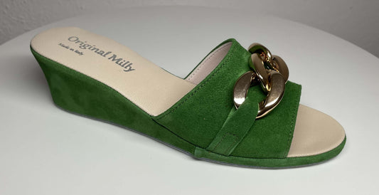 105 Camoscio Verde con catena in Oro Suola Bufalo Ciabatte da camera Donna Original Milly Made in Italy