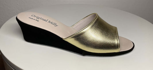 1103 Nappa Oro e Camoscio Nero Suola Bufalo Ciabatte da camera Donna Original Milly Made in Italy