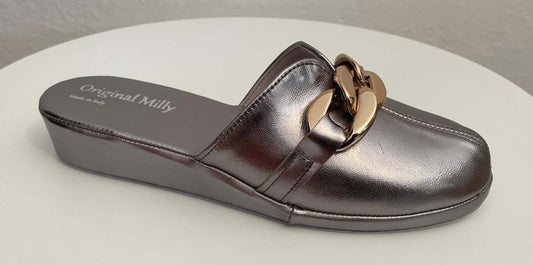 1201 Nappa Piombo con catena Oro suola Bufalo Ciabatte da camera Donna Original Milly Made in Italy