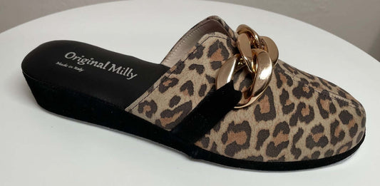 1201 Nappa e Camoscio Leopardo con catena Oro suola Bufalo Ciabatte da camera Donna Original Milly Made in Italy