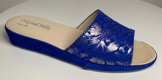 203 Camoscio Blu a Fiori Suola Bufalo Ciabatte da camera Donna Original Milly Made in Italy