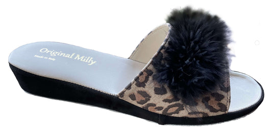 203 Camoscio Leopardo con piuma suola Bufalo Ciabatte da camera Donna Original Milly Made in Italy