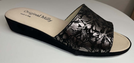203 Camoscio Nero a Fiori suola Bufalo Ciabatte da camera Donna Original Milly Made in Italy
