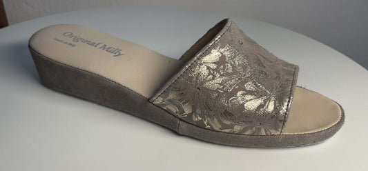 203 Camoscio Taupe a Fiori Suola Bufalo Ciabatte da camera Donna Original Milly Made in Italy
