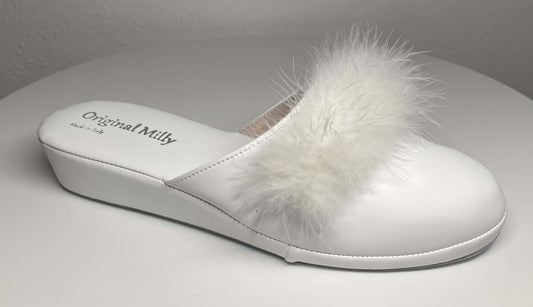 302 Ecopelle Bianco con Piuma Suola Bufalo Ciabatte da camera Donna Original Milly Made in Italy