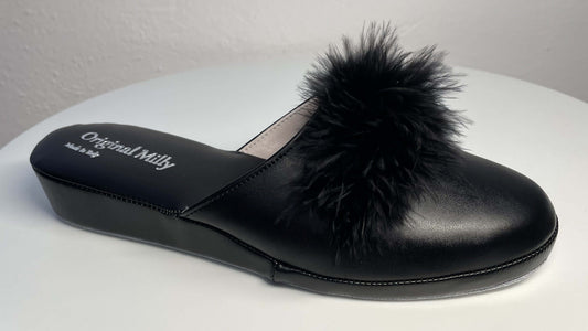 302 Ecopelle Nero con piuma Suola Bufalo Ciabatte da camera Donna Original Milly Made in Italy
