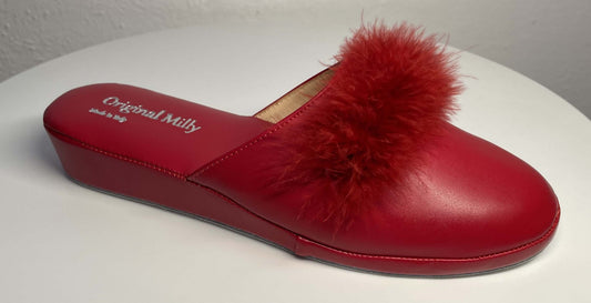 302 Ecopelle Rosso con piuma Suola Bufalo Ciabatte da camera Donna Original Milly Made in Italy