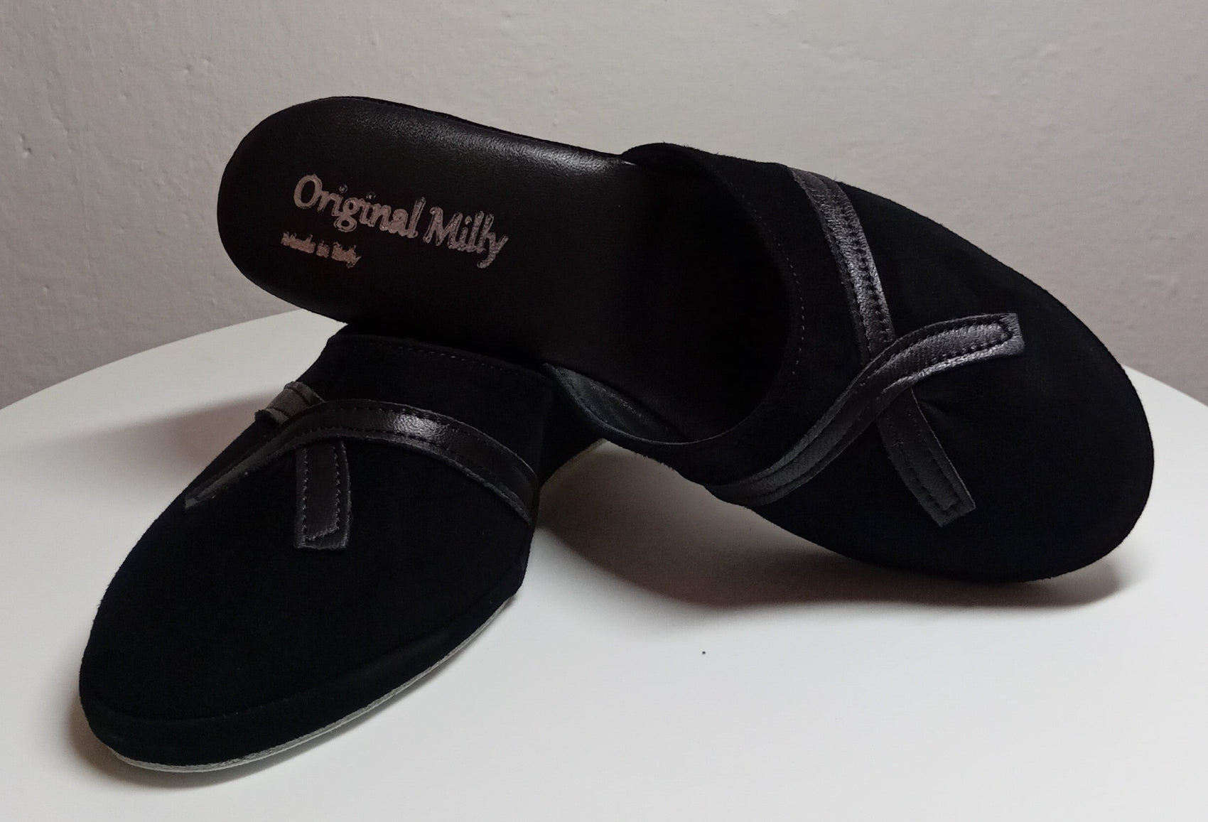 0002 Camoscio Nero Suola Bufalo Ciabatte da camera Donna Original Milly Made in Italy