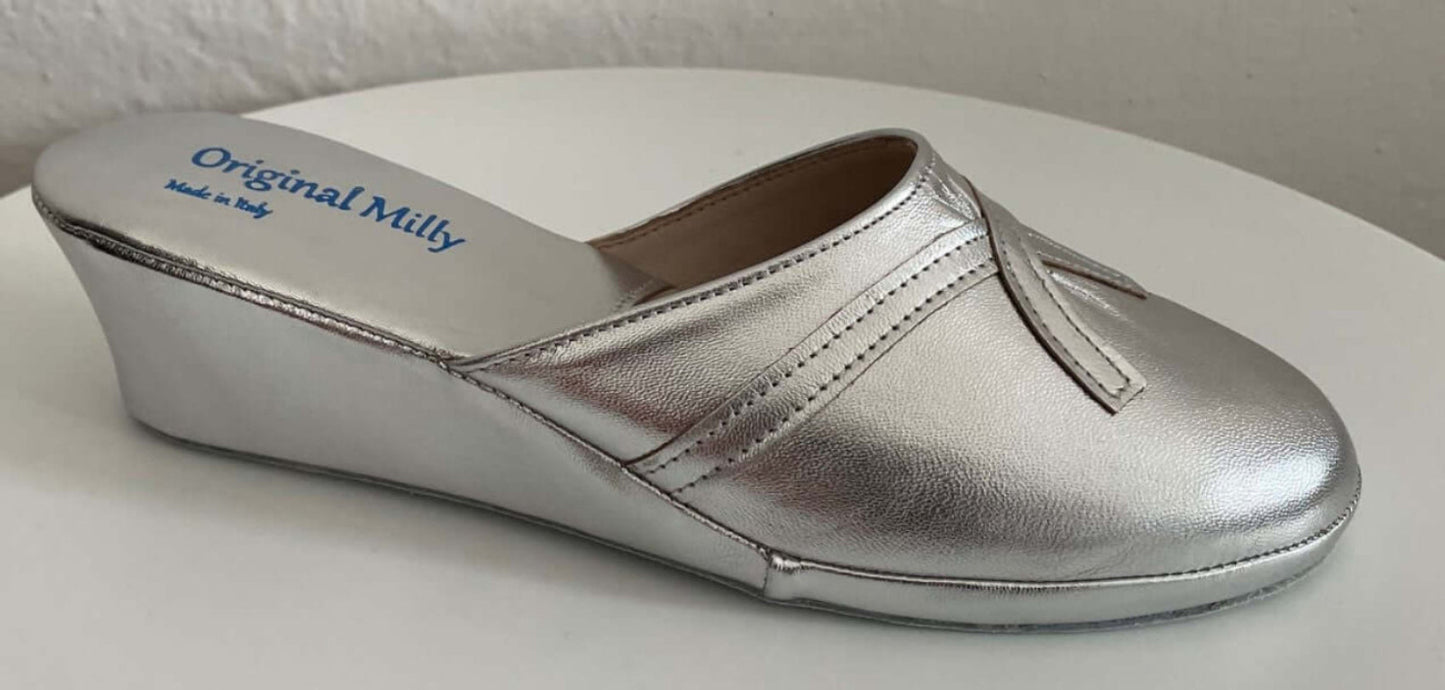 0002 Nappa Argento Suola Bufalo Ciabatte da camera Donna Original Milly Made in Italy