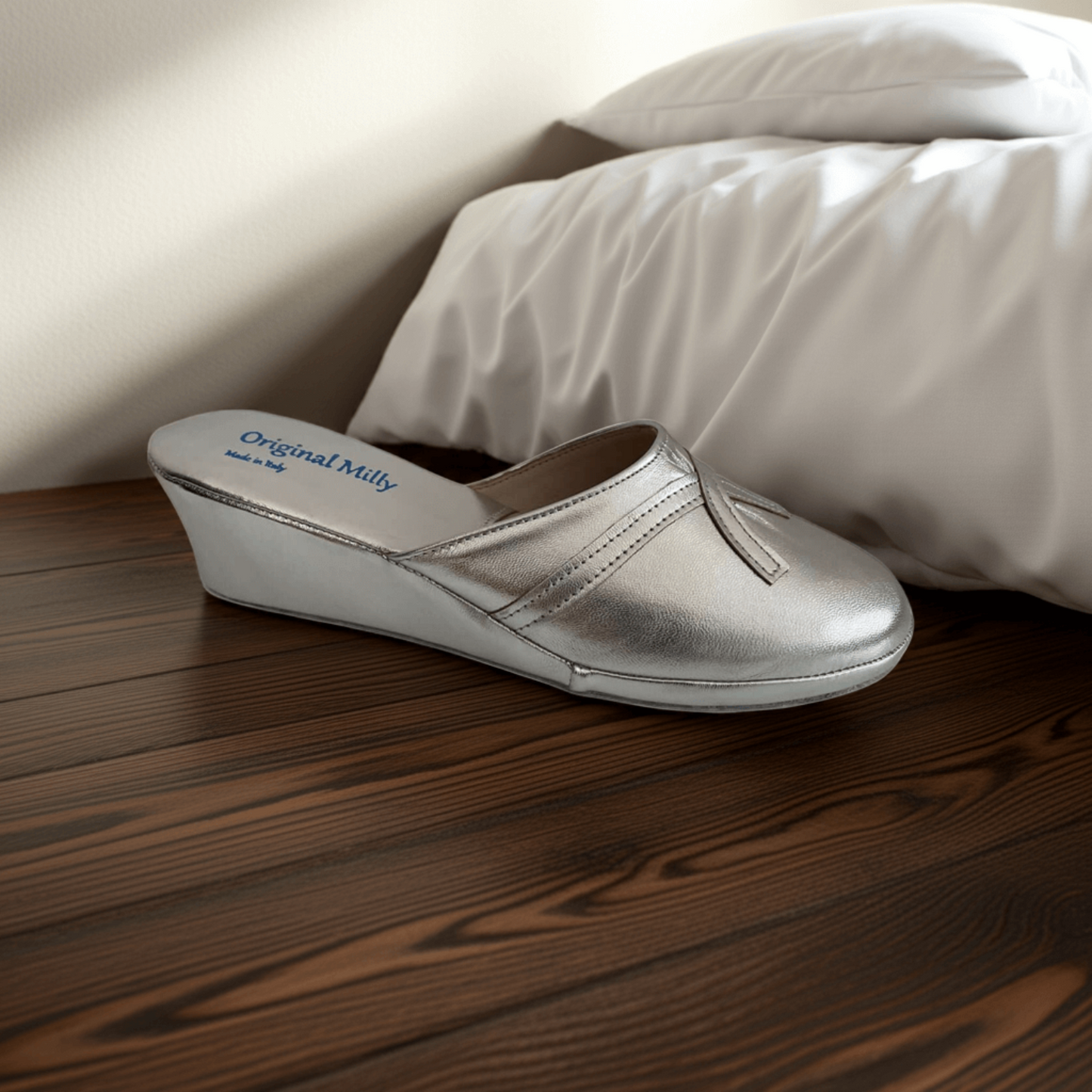 0002 Nappa Argento Suola Bufalo Ciabatte da camera Donna Original Milly Made in Italy