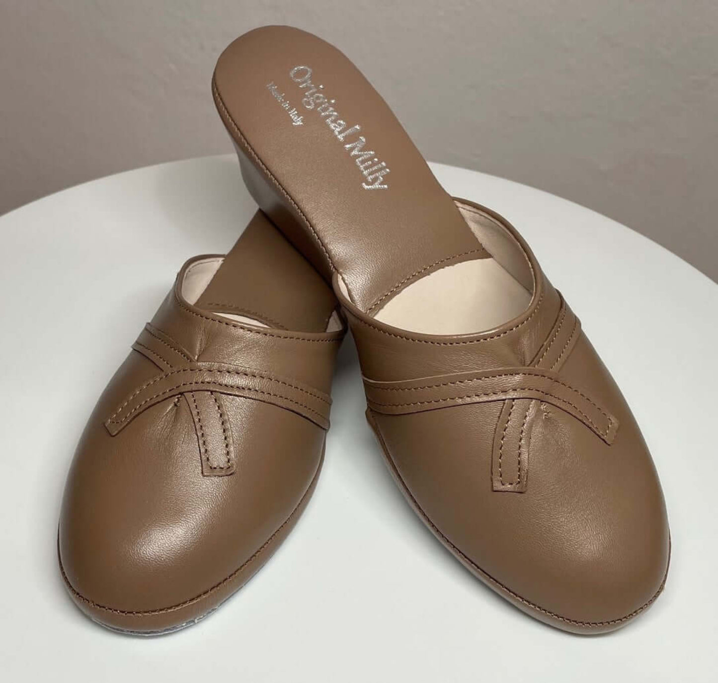 0002 Nappa e Camoscio Taupe suola Bufalo Ciabatte da camera Donna Original Milly Made in Italy