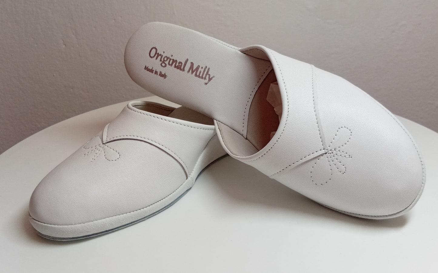 0003 Nappa e Camoscio Bianco Suola Bufalo Ciabatte da camera Donna Original Milly Made in Italy