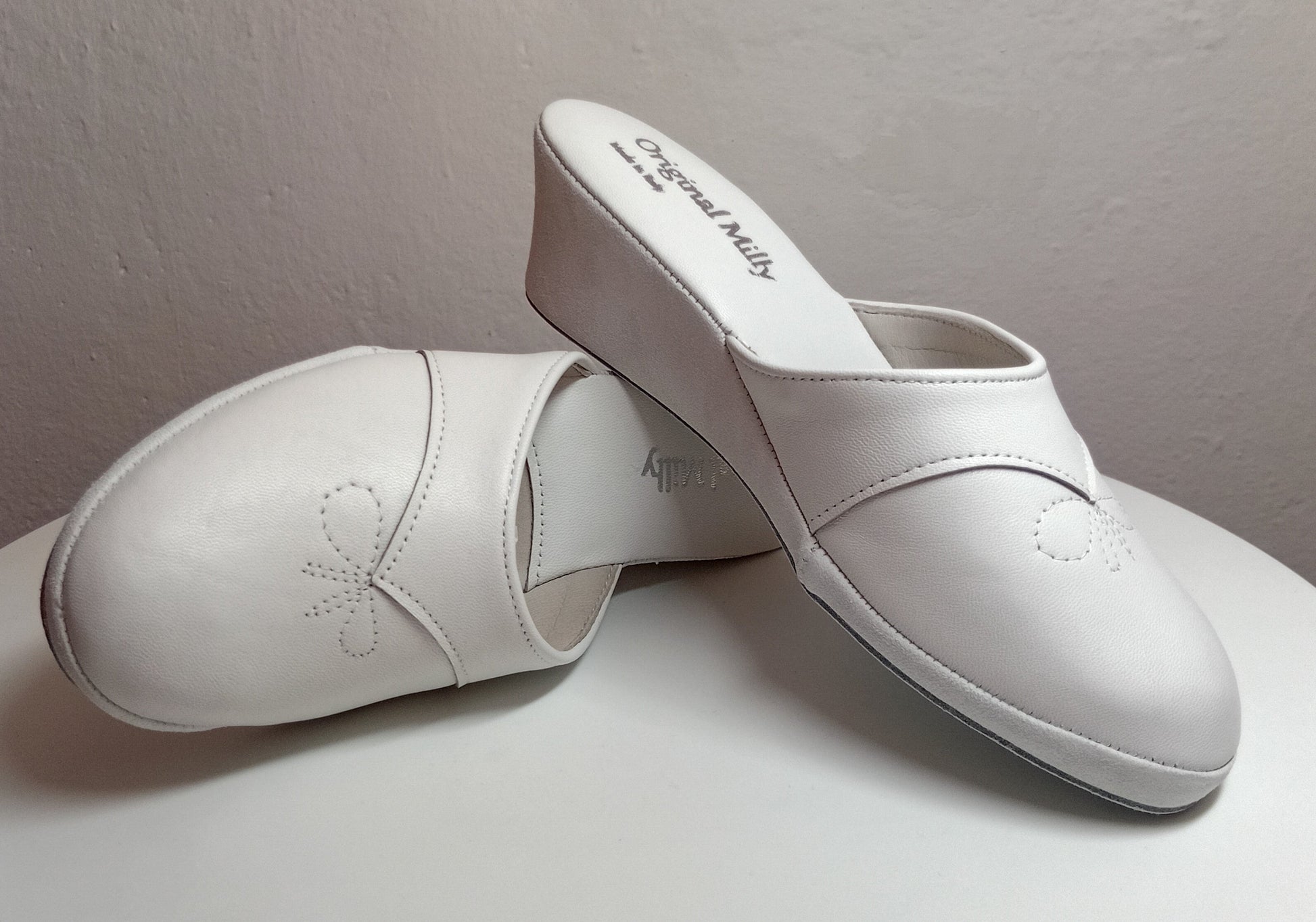 0003 Nappa e Camoscio Bianco Suola Bufalo Ciabatte da camera Donna Original Milly Made in Italy
