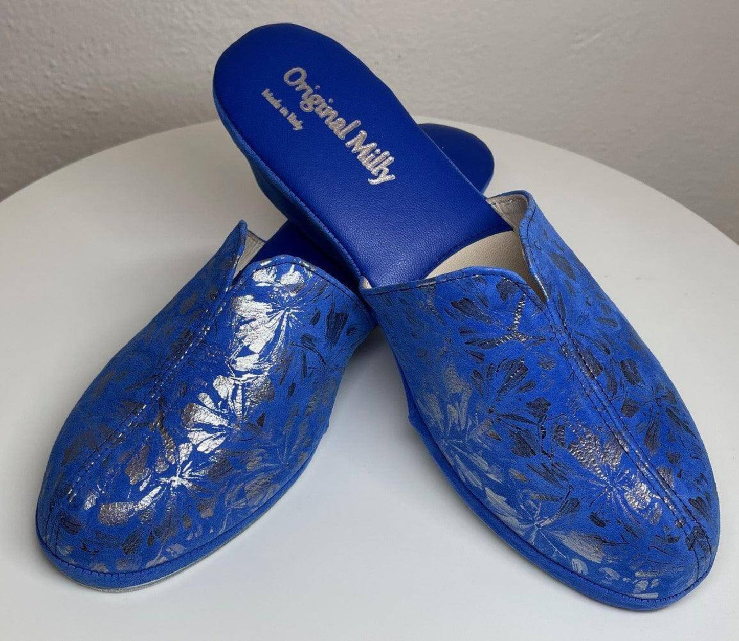 0004 Camoscio Blu a Fiori Suola Bufalo Ciabatte da camera Donna Original Milly Made in Italy