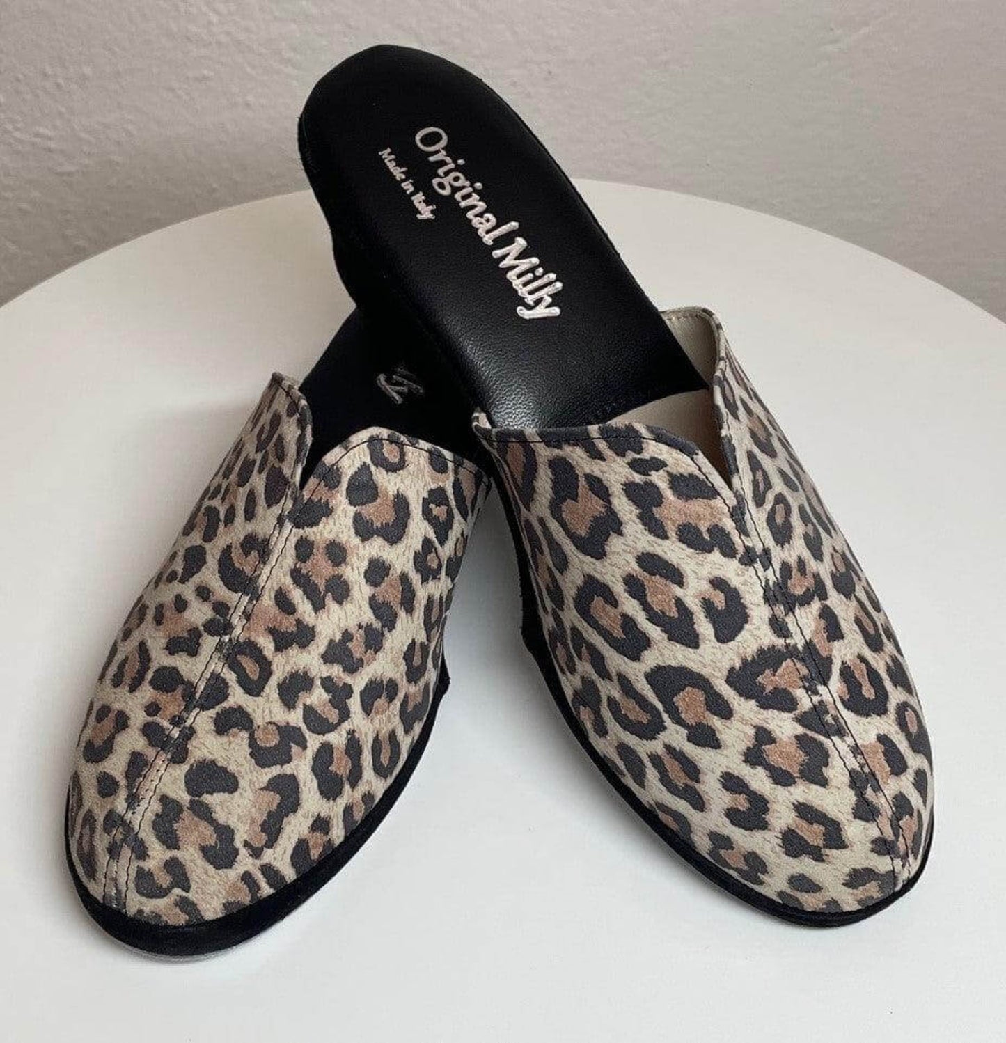 0004 Camoscio Leopardo Suola Bufalo Ciabatte da camera Donna Original Milly Made in Italy
