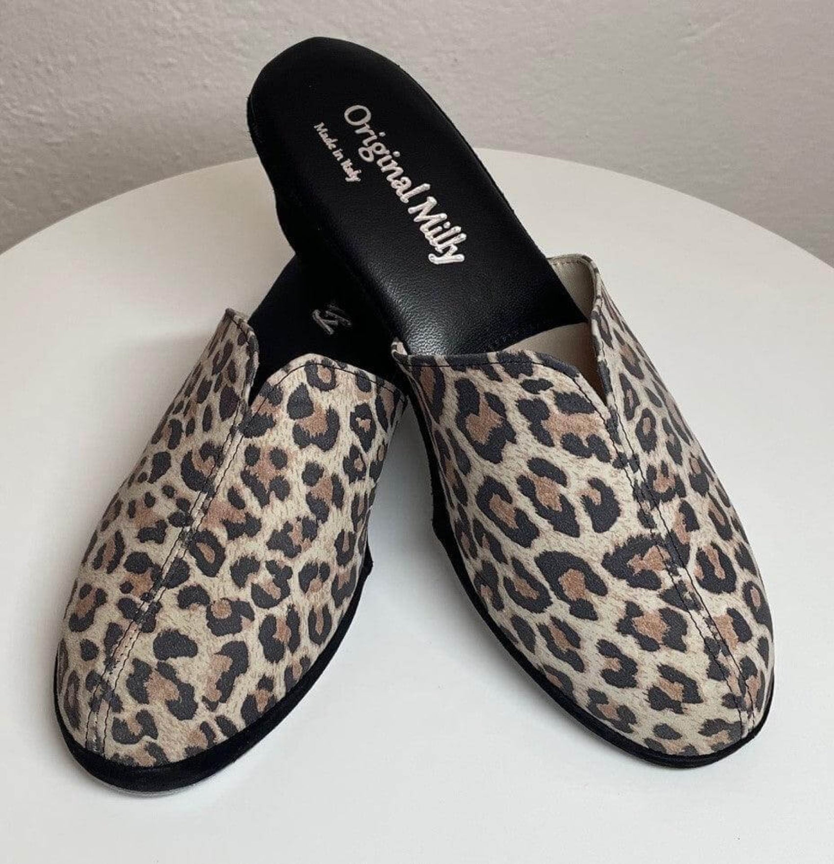 0004 Camoscio Leopardo Suola Bufalo Ciabatte da camera Donna Original Milly Made in Italy