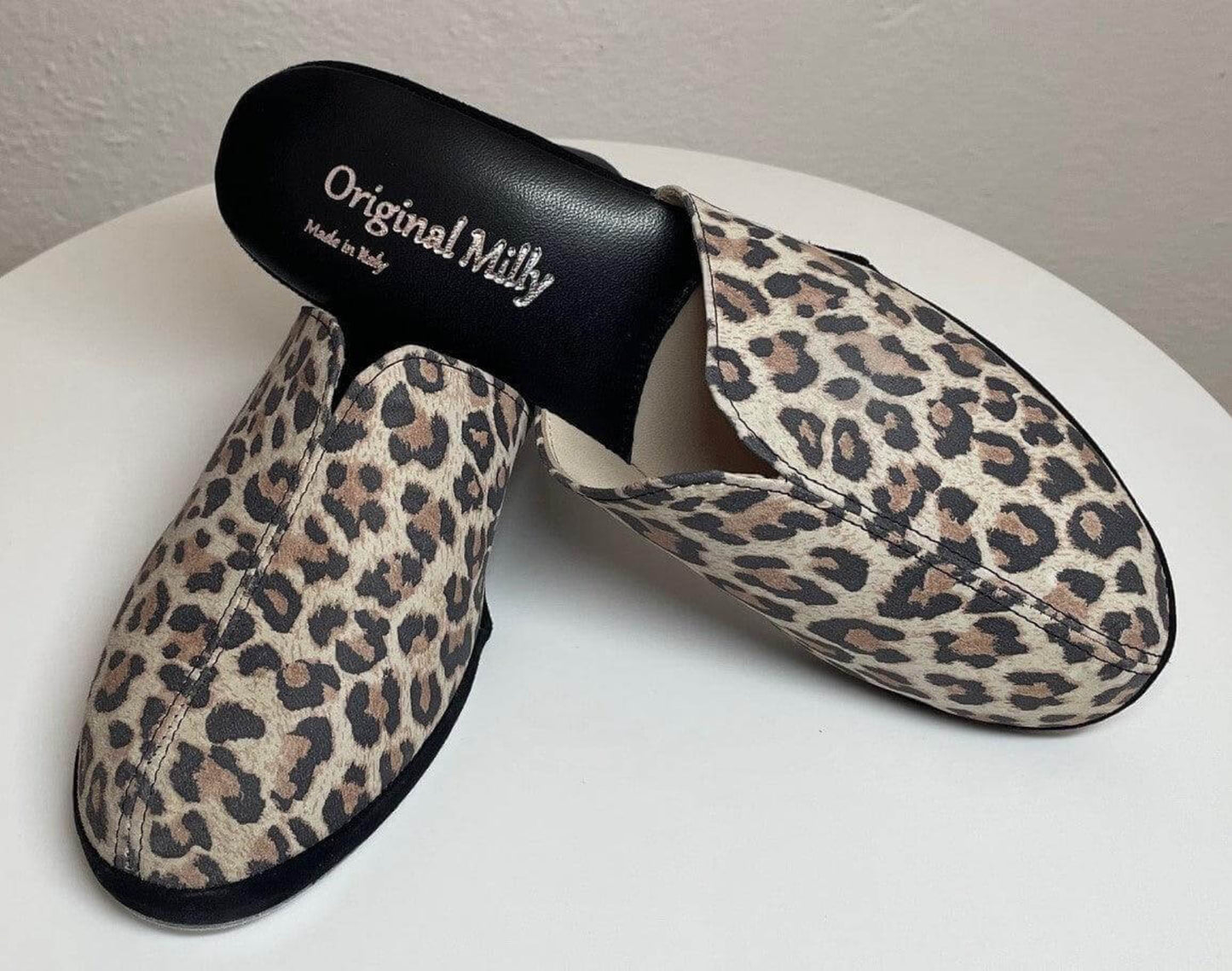 0004 Camoscio Leopardo Suola Bufalo Ciabatte da camera Donna Original Milly Made in Italy