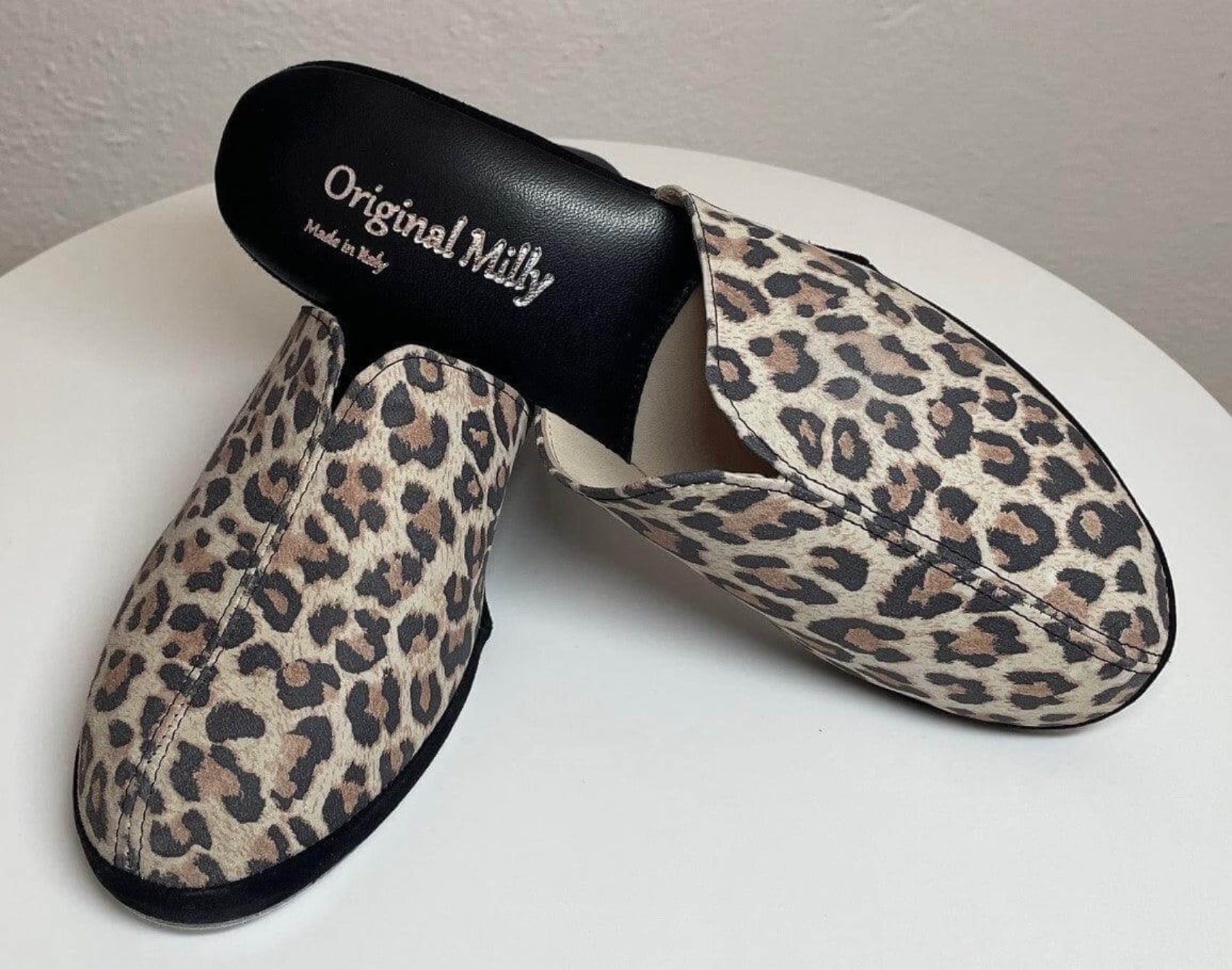 0004 Camoscio Leopardo Suola Bufalo Ciabatte da camera Donna Original Milly Made in Italy