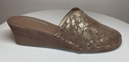 0004 Camoscio Taupe a Fiori Suola Bufalo Ciabatte da camera Donna Original Milly Made in Italy