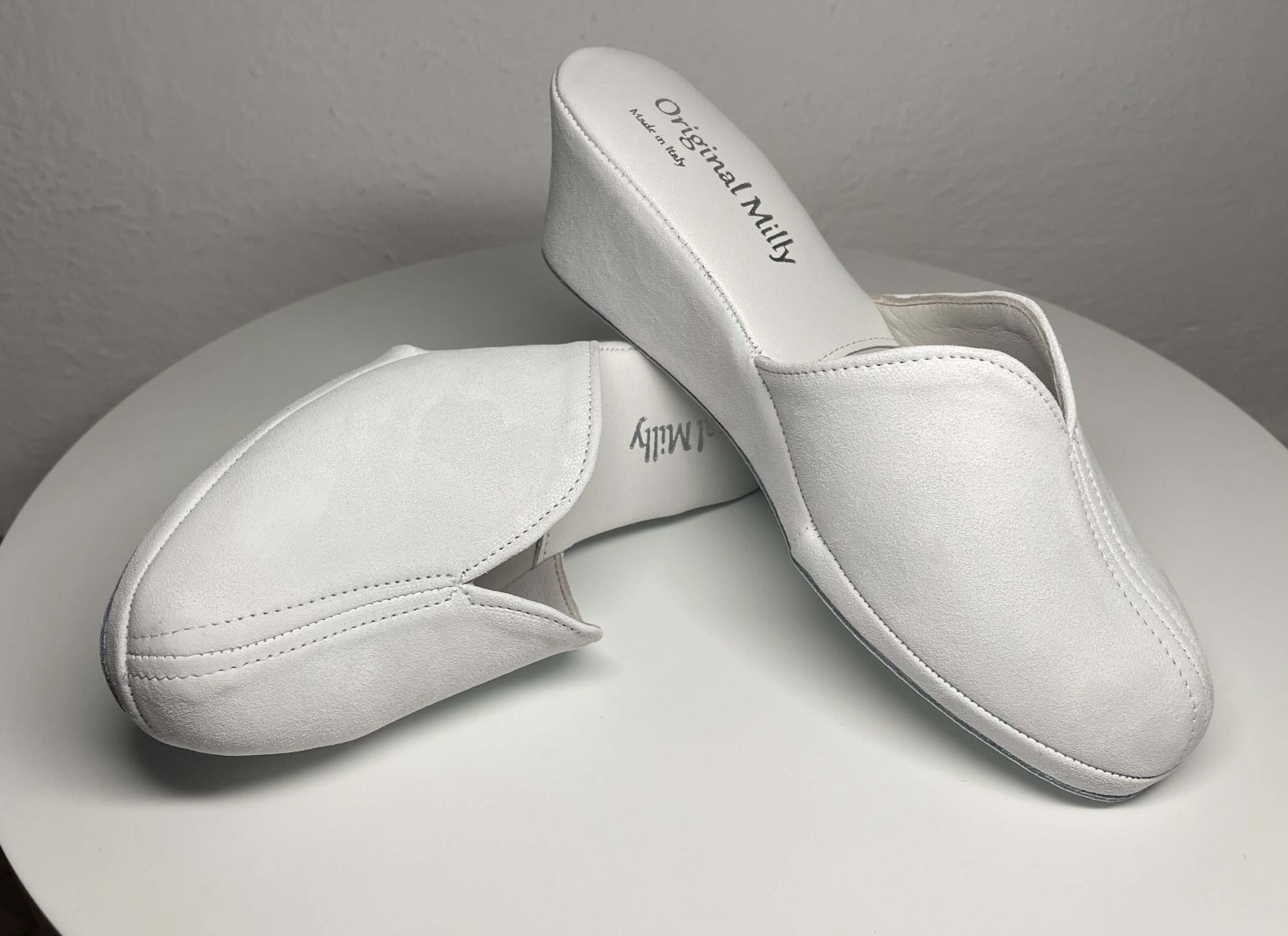 0005 Camoscio Bianco Suola Bufalo Ciabatte da camera Donna Original Milly Made in Italy