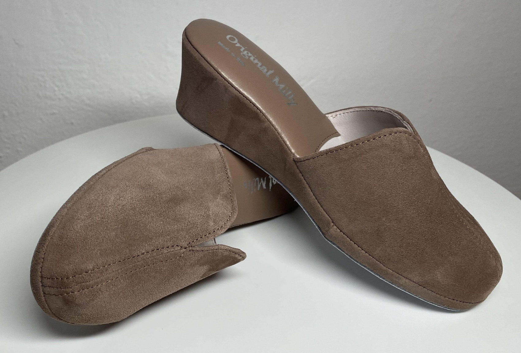 0005 Camoscio Taupe Suola Bufalo Ciabatte da camera Donna Original Milly Made in Italy