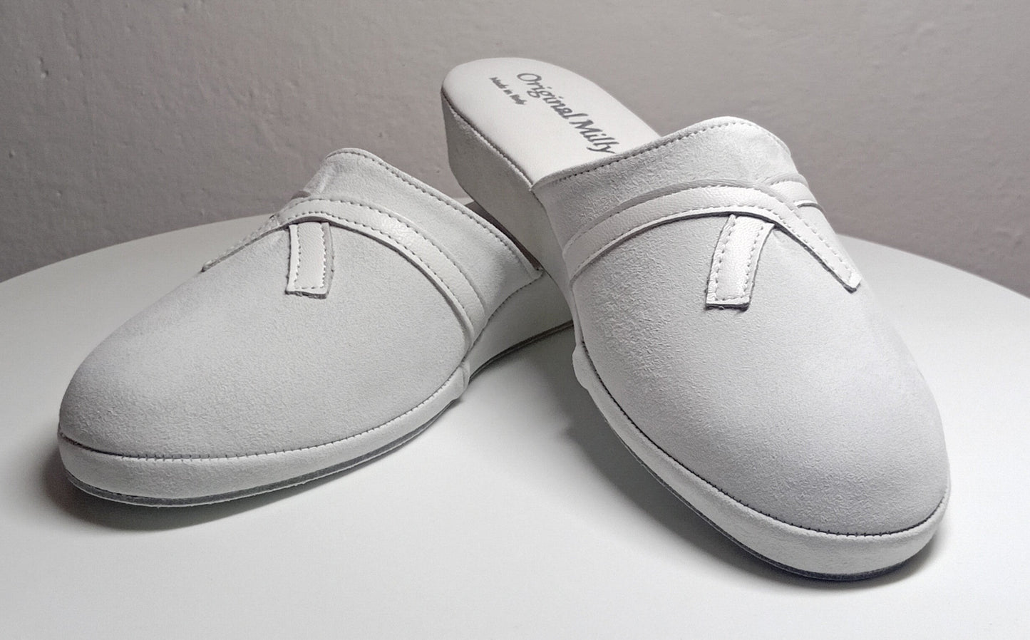 0022 Camoscio e Nappa Bianco Suola Bufalo Ciabatte da camera Donna Original Milly Made in Italy