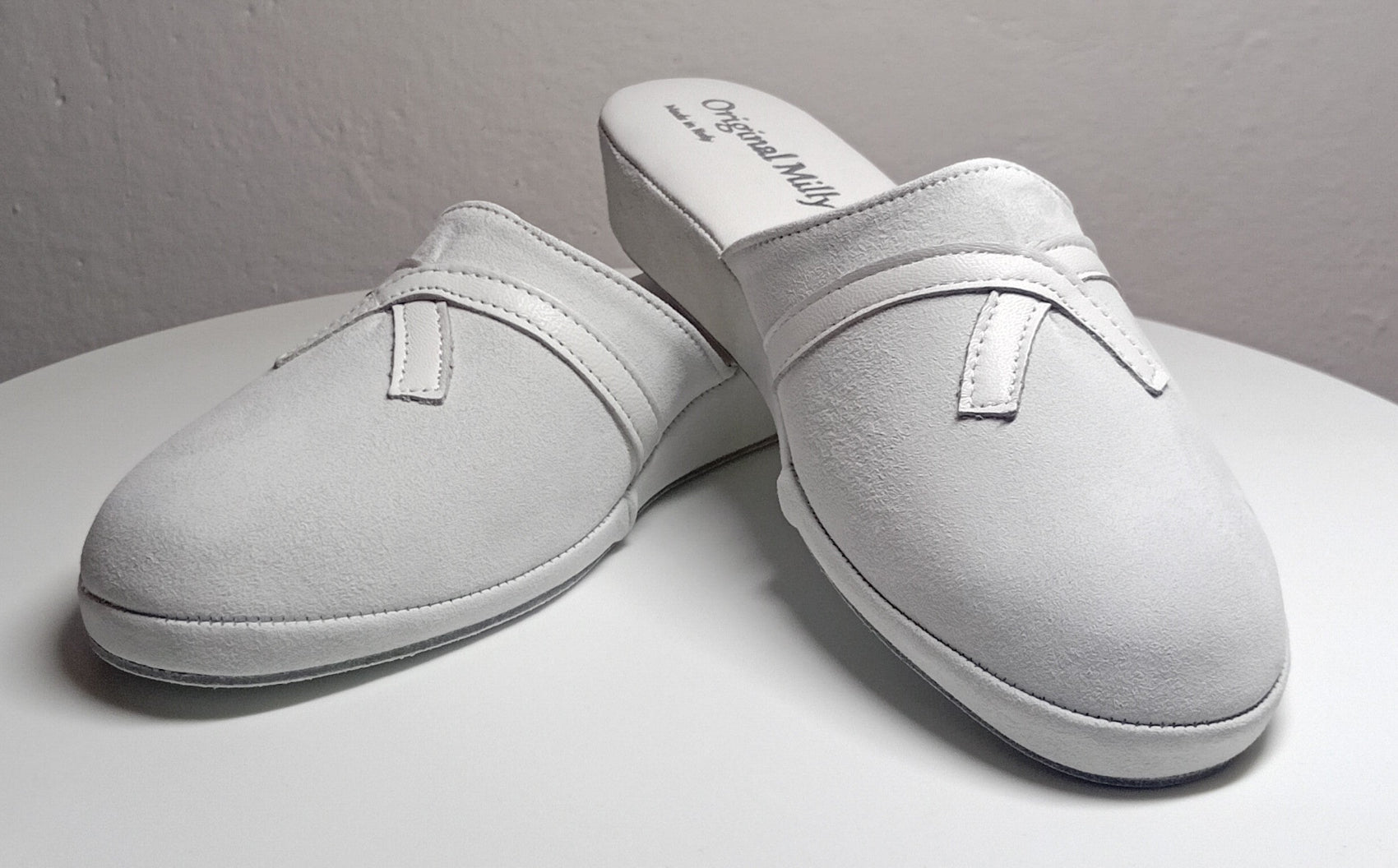 0022 Camoscio e Nappa Bianco Suola Bufalo Ciabatte da camera Donna Original Milly Made in Italy