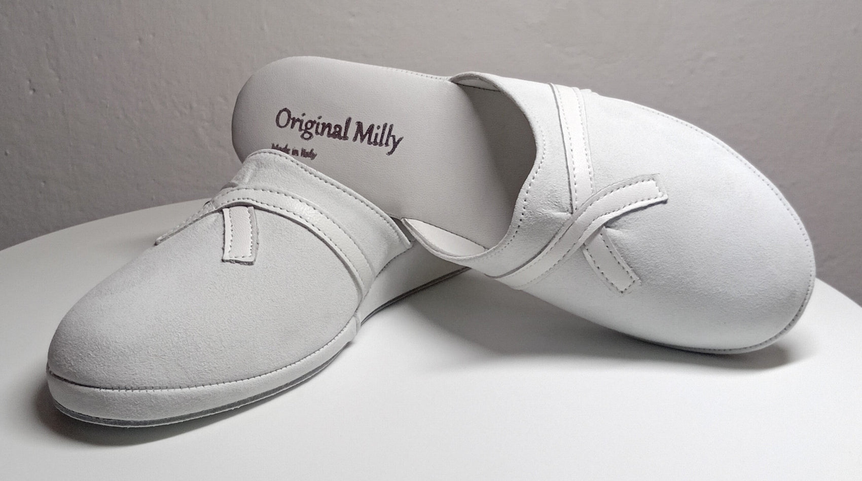 0022 Camoscio e Nappa Bianco Suola Bufalo Ciabatte da camera Donna Original Milly Made in Italy