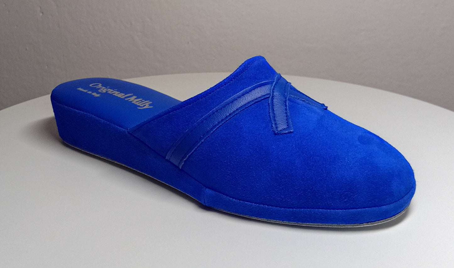 0022 Camoscio e Nappa Blu Suola Bufalo Ciabatte da camera Donna Original Milly Made in Italy