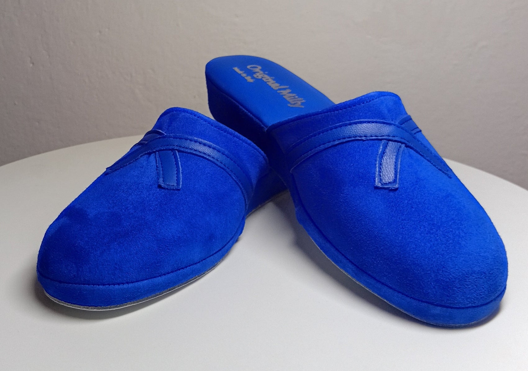 0022 Camoscio e Nappa Blu Suola Bufalo Ciabatte da camera Donna Original Milly Made in Italy