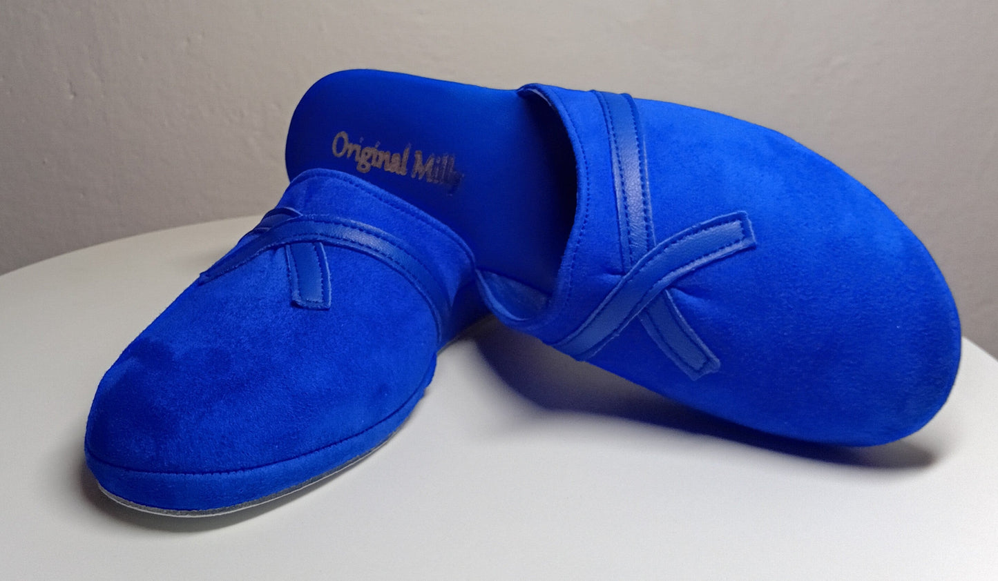 0022 Camoscio e Nappa Blu Suola Bufalo Ciabatte da camera Donna Original Milly Made in Italy