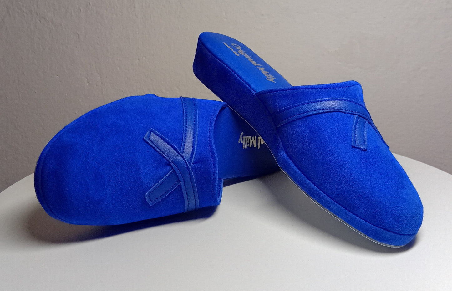 0022 Camoscio e Nappa Blu Suola Bufalo Ciabatte da camera Donna Original Milly Made in Italy