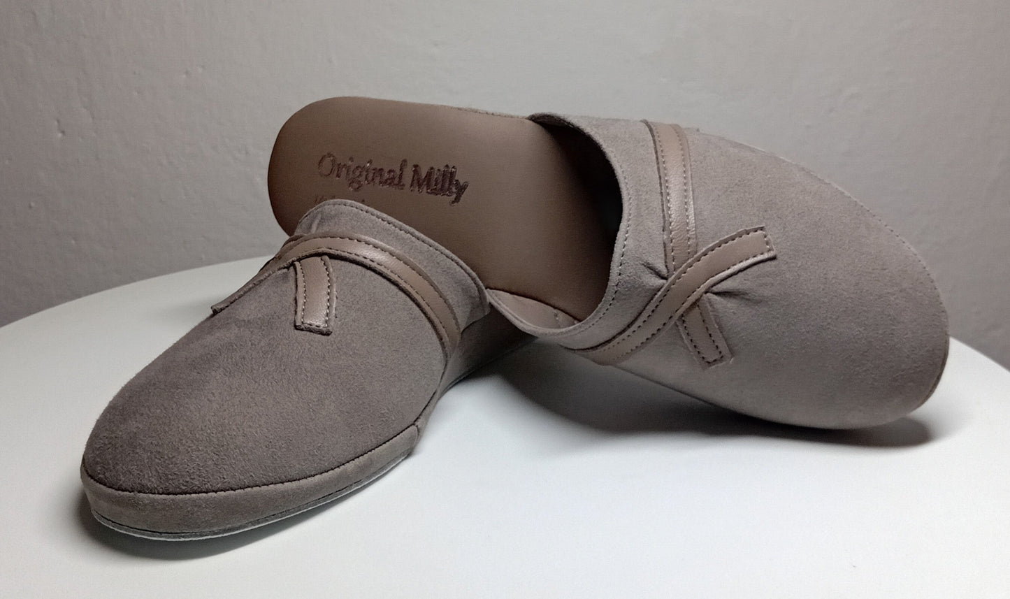 0022 Camoscio e Nappa Taupe Suola Bufalo Ciabatte da camera Donna Original Milly Made in Italy